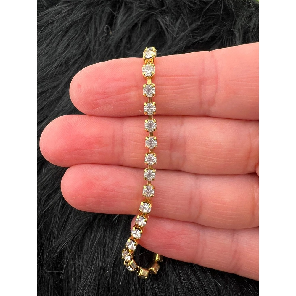 Gold Tone Rhinestone Tennis Bracelet Clear Round Stones 6 Inch Costume Jewelry